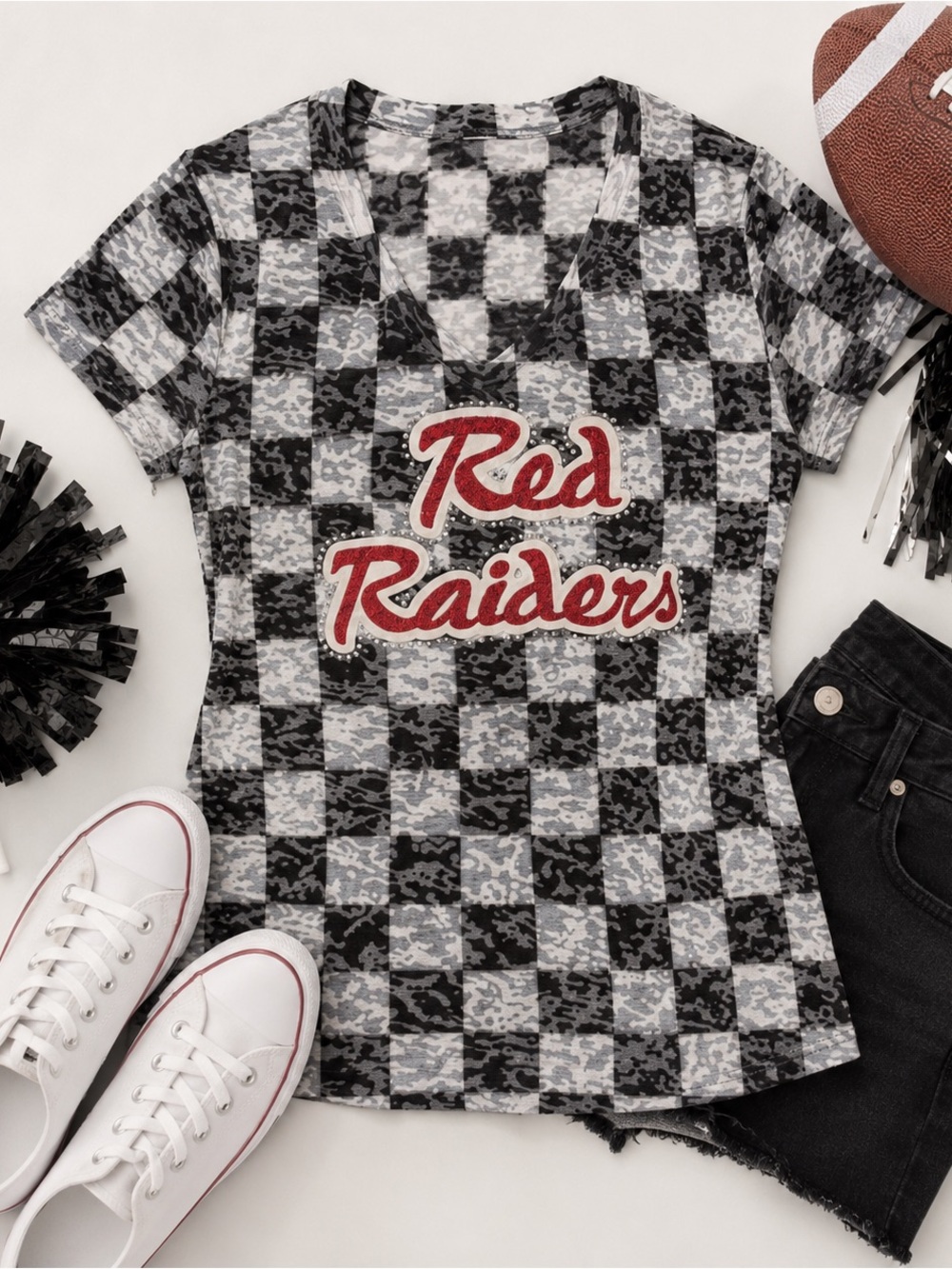Bedazzled Red Raiders Texas tech Women's Black & White V-Neck burnout tee